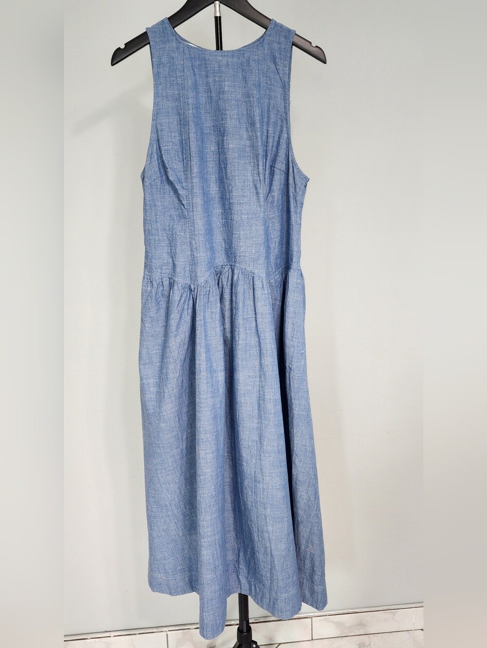 Women's Blue 100% Cotton Chambray Midi Dress Sleeveless Drop Waist Size M (8-10)